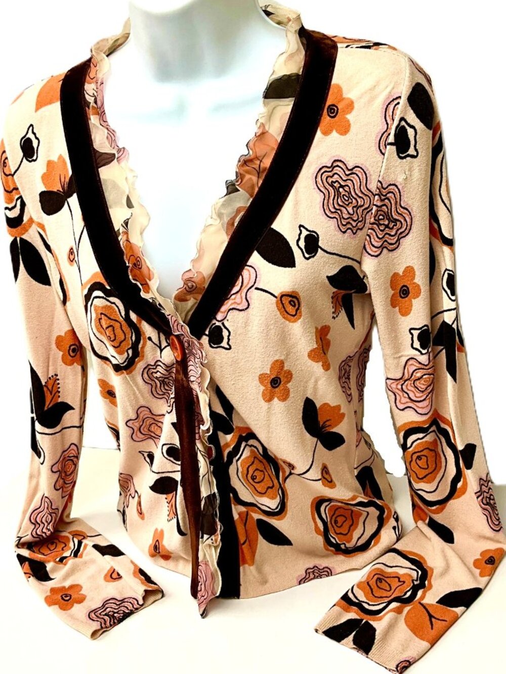 Anna Molinari Vintage Silk Blend Floral Ruffle Top Velvet Trim Button IT42 Italy